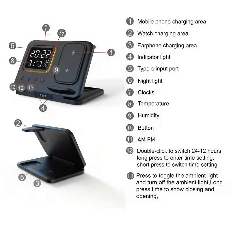 5-in-1 Wireless Charging Station 15W Fast Charger Watch AirPods Night Light UK
