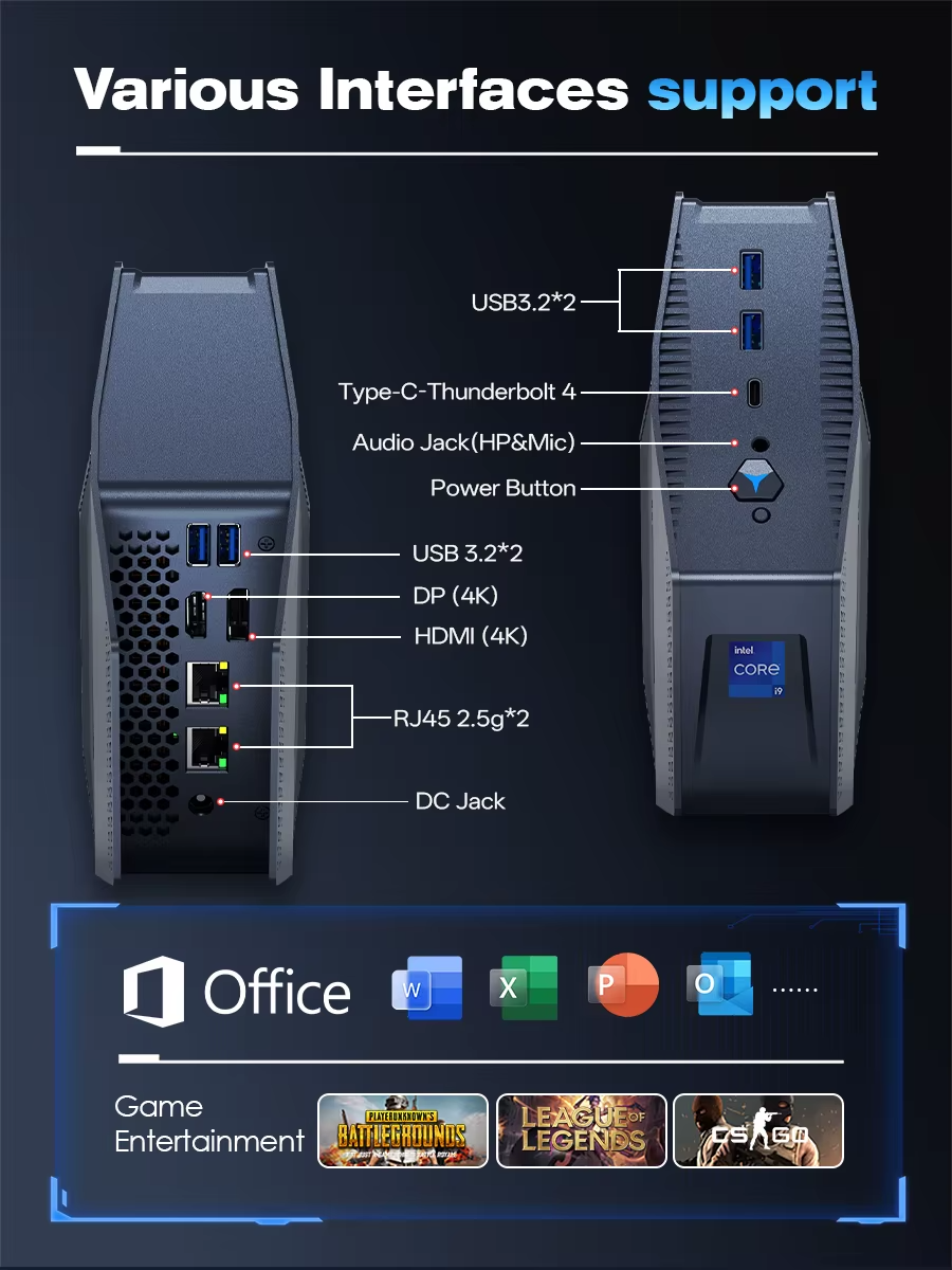 GH9 Mini PC Intel i9-12900H 14 Core Win11 Pro WiFi6 Thunderbolt 4K 32GB 1TB SSD