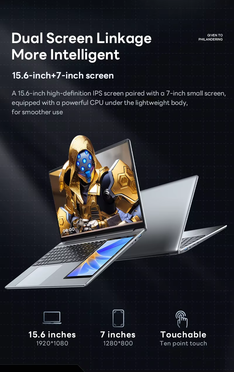 Office Laptop Win11 15.6" / 7" Touch Dual Screen Display Intel N5095 Finger ID