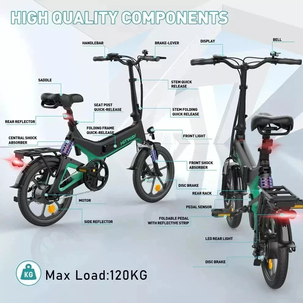 HITWAY BK2 Folding Electric Bike 250W 16" 36V E-Bike 70km Range 7 Speed UK Legal
