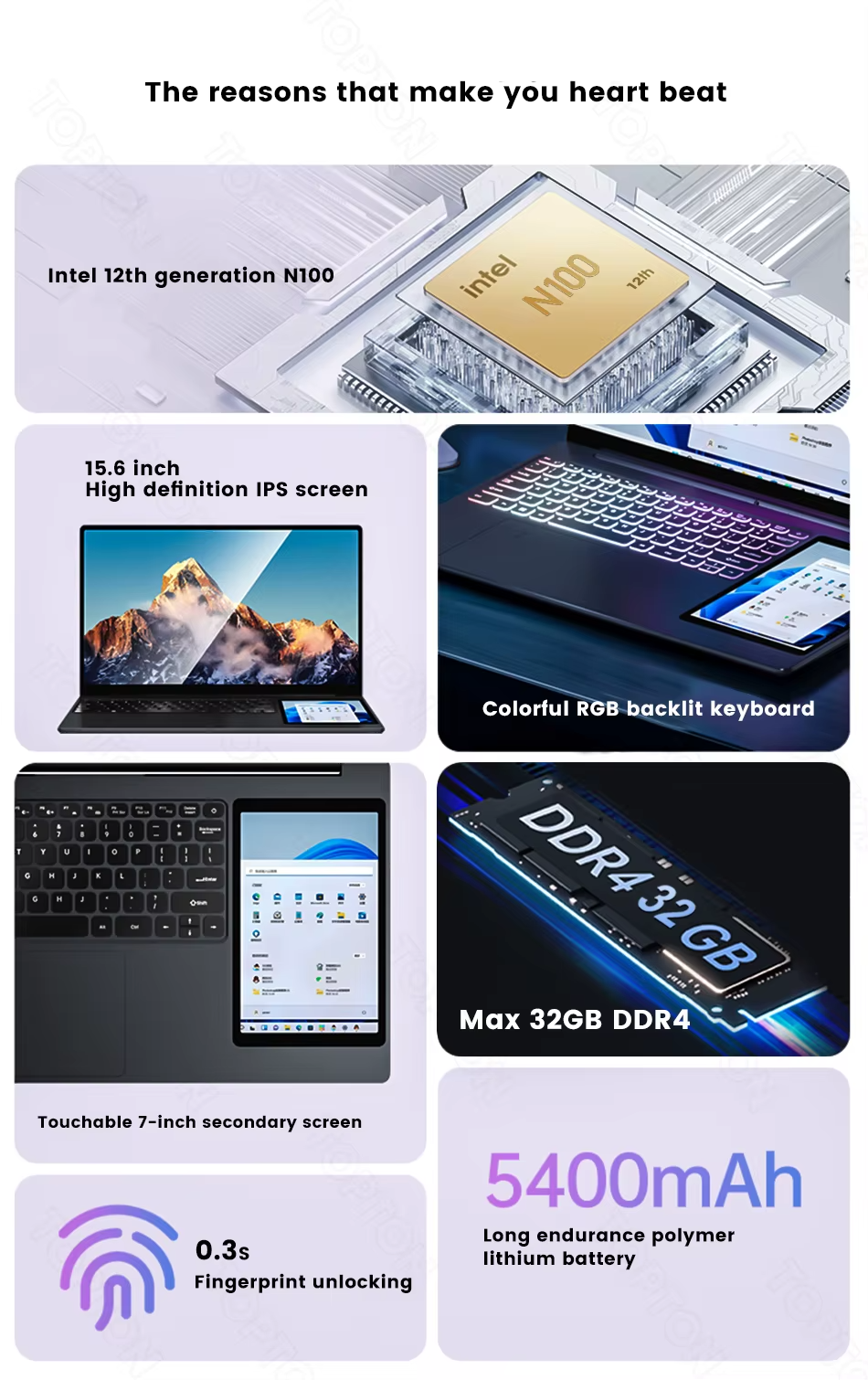 Office Laptop Win11 15.6 " + 7" Touch Dual Screen Display Intel N100 Finger ID