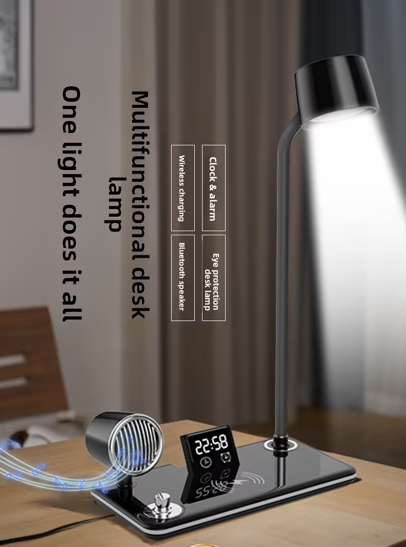 NNS LED Desk Lamp Wireless Charger Bluetooth Speaker Touch Dimmable Alarm Clock