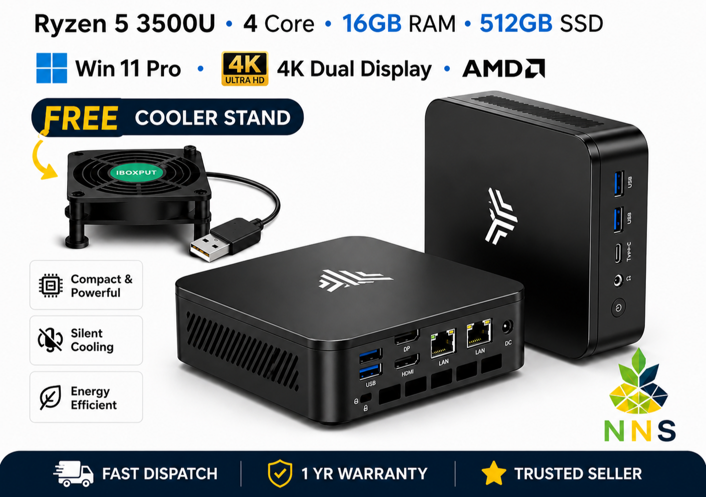 NiPoGi E3 Ryzen 5 Mini PC 3.7GHz 4 Core 16GB 512GB SSD Win11 Pro Wifi Triple 4K