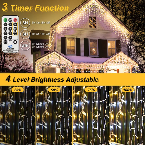 25M LED Icicle String Lights Warm/Cold White 8 Modes Remote Timer Christmas UK
