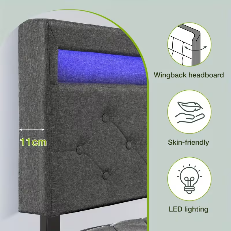Double Bed Frame LED Headboard Storage Modern UK