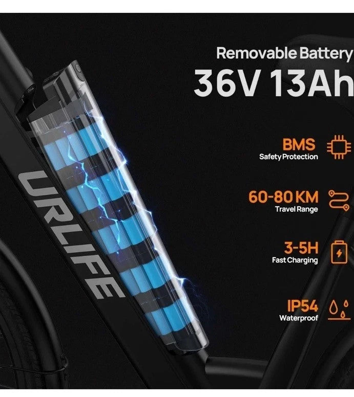 URLIFE E26 Electric Bike 250W 36V 13Ah 26" E-Bike 80km Range Shimano 7 Speed UK