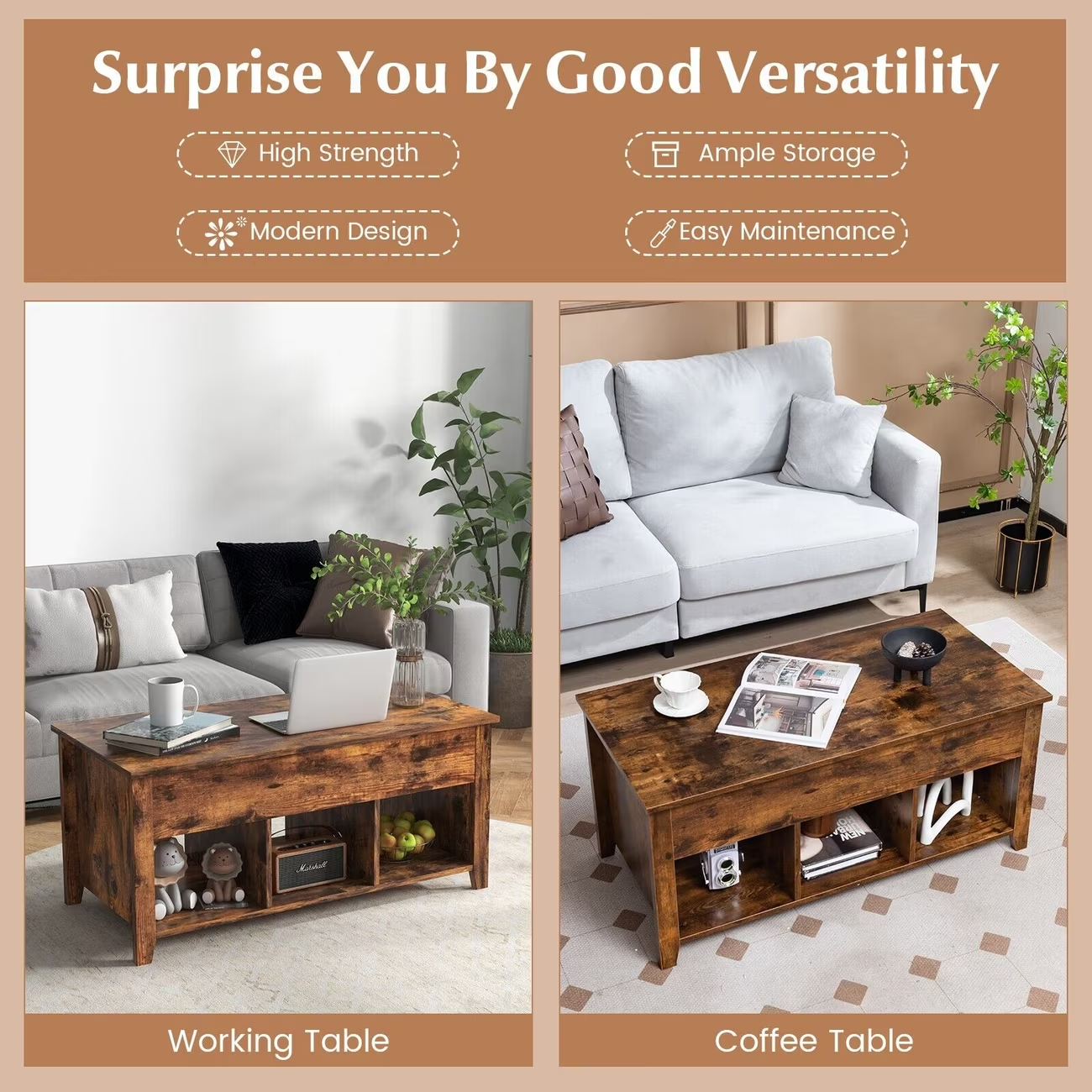 Lift Top Coffee Table with Storage Rustic Brown Modern UK