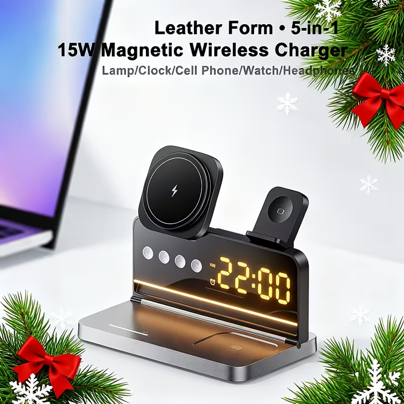 5-in-1 Wireless Charging Station 15W Fast Charger Watch AirPods Night Light UK