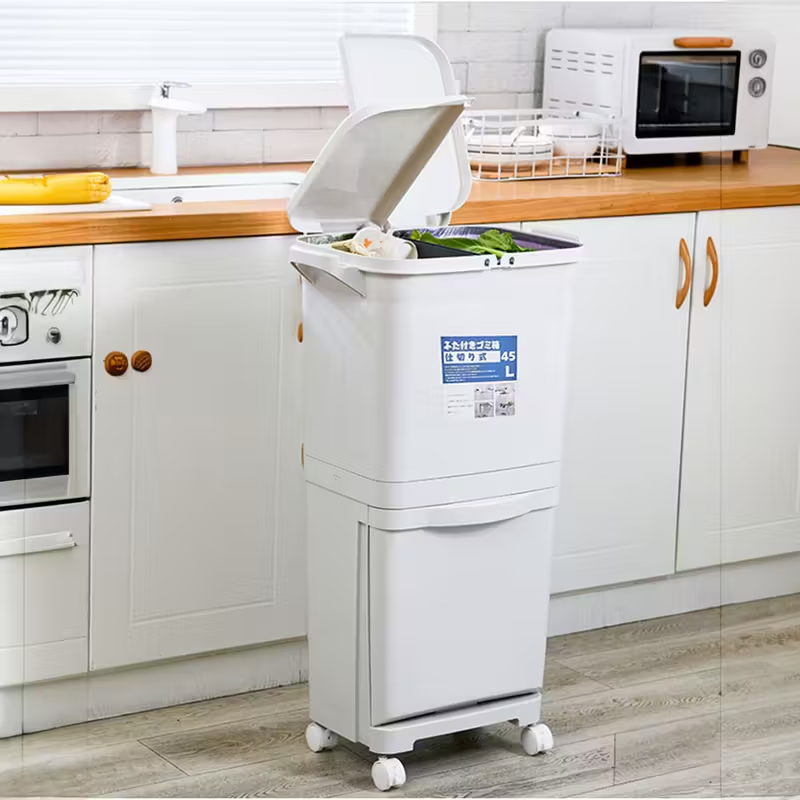 45L 2 Tier Mobile Recycling Bin | Kitchen Waste Bin Wheels, Dual Compartment UK