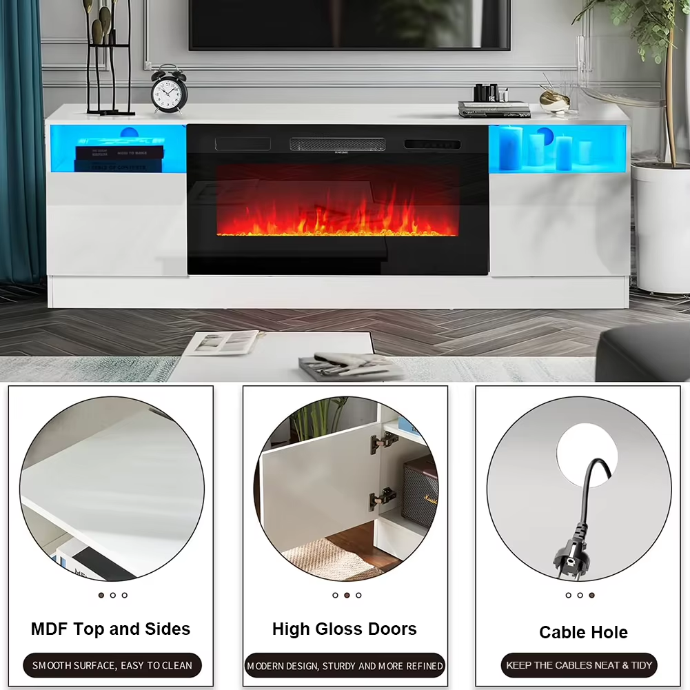 Breeins Modern Electric Fireplace TV Stand LED Flames Remote Storage Console UK