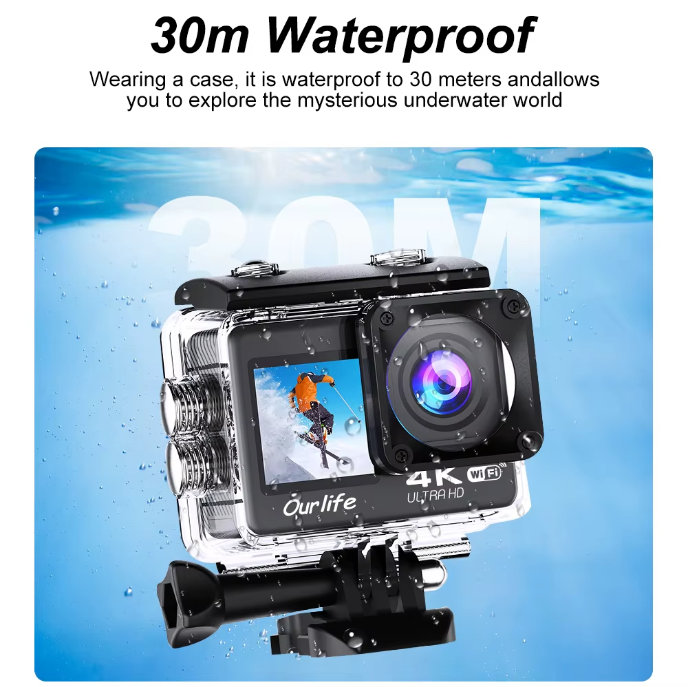 OURLIFE Q600 4K30FPS Action Camera WiFi 30m Waterproof + 64GB SD UK