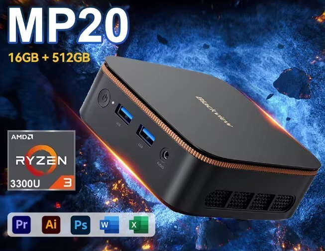BLACKVIEW MP20 Mini PC Ryzen 3 3300U 16GB 512GB Win11 Pro WiFi 5 BT Dual 4K UK