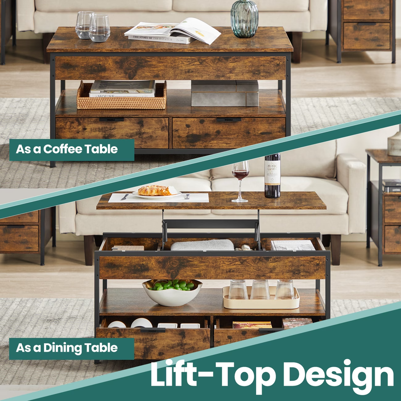 Lift Top Coffee Table with Storage Rustic Brown Modern UK