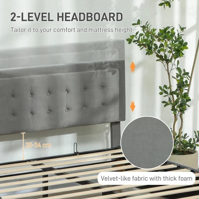 HOMCOM Double Bed Frame Headboard Storage Grey Modern UK