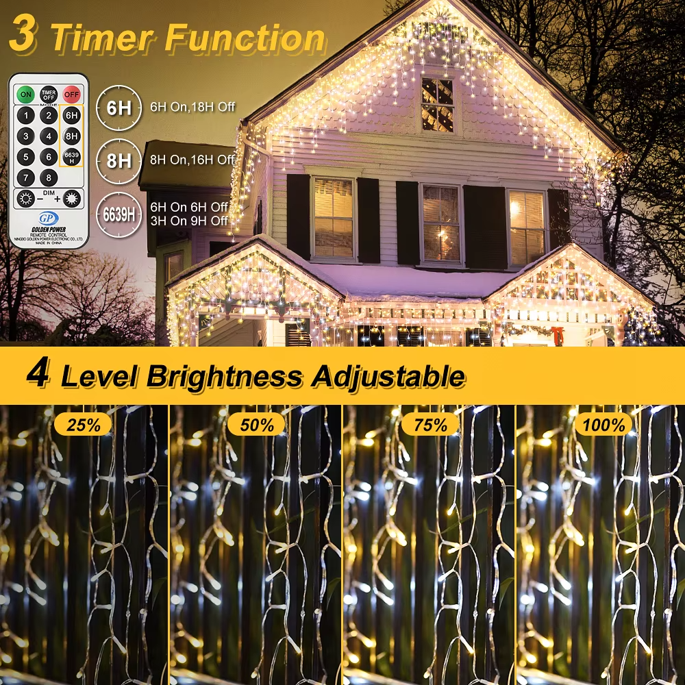 25M LED Icicle String Lights Warm/Cold White 8 Modes Remote Timer Christmas UK