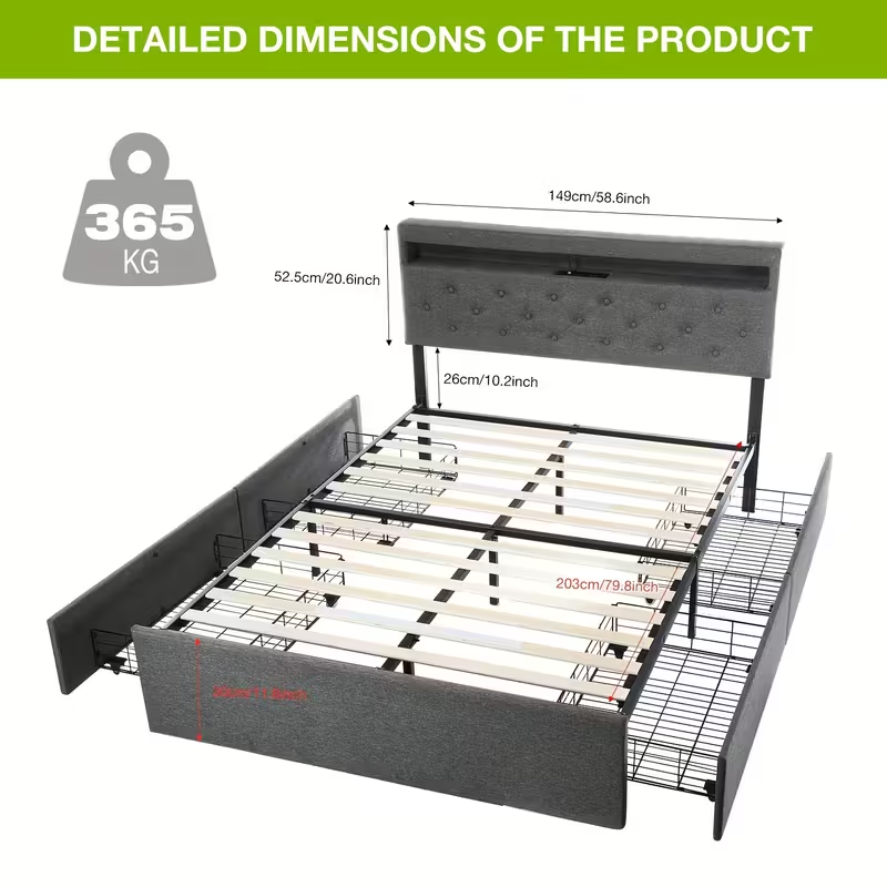 Double Bed Frame LED Headboard Storage Modern UK