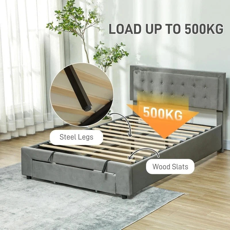 HOMCOM Double Bed Frame Headboard Storage Grey Modern UK