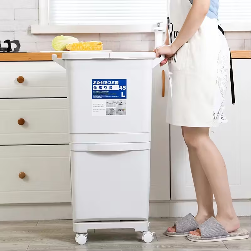 45L 2 Tier Mobile Recycling Bin | Kitchen Waste Bin Wheels, Dual Compartment UK