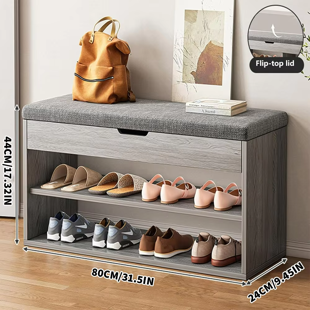 80cm Ottoman Shoe Rack Bench – 2 Tier Storage Cabinet with Wooden Padded Seat UK