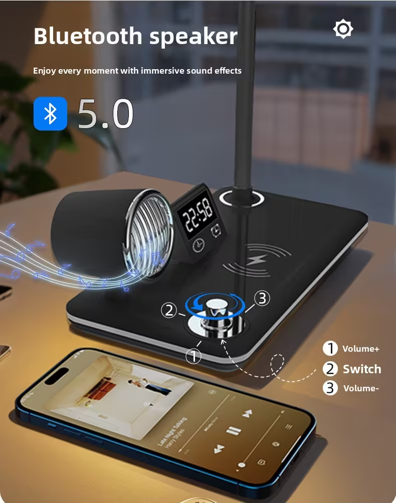 NNS LED Desk Lamp Wireless Charger Bluetooth Speaker Touch Dimmable Alarm Clock