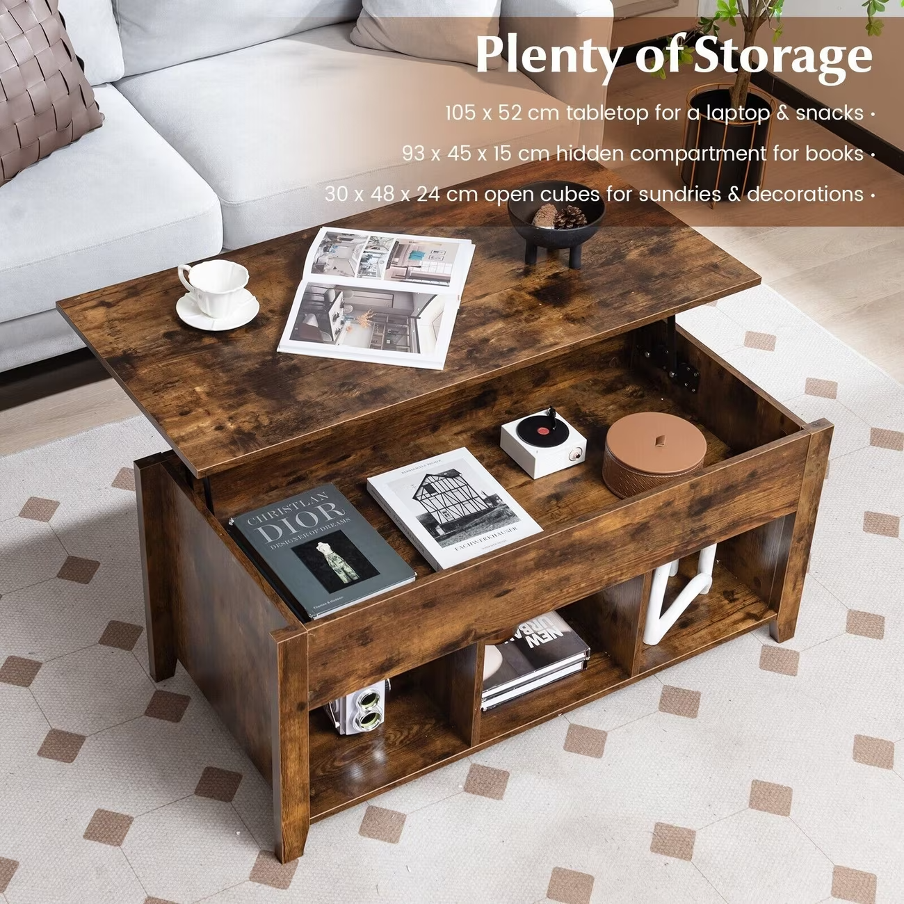 Lift Top Coffee Table with Storage Rustic Brown Modern UK