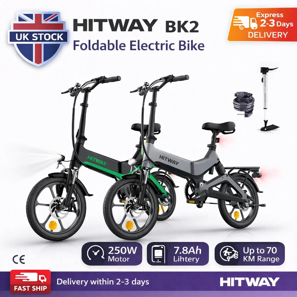 HITWAY BK2 Folding Electric Bike 250W 16" 36V E-Bike 70km Range 7 Speed UK Legal