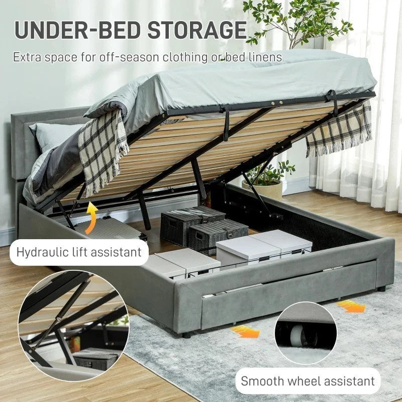HOMCOM King Size Bed Frame Headboard Storage Grey Modern UK