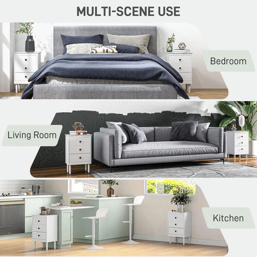 HOMCOM Bedside Tables Set of 2 Nightstand 3-Drawer White Modern UK