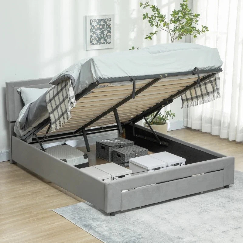 HOMCOM Double Bed Frame Headboard Storage Grey Modern UK