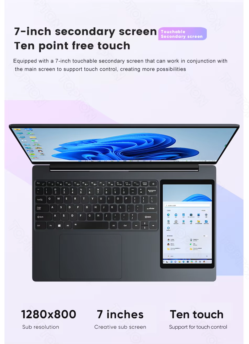 Office Laptop Win11 15.6 " + 7" Touch Dual Screen Display Intel N100 Finger ID