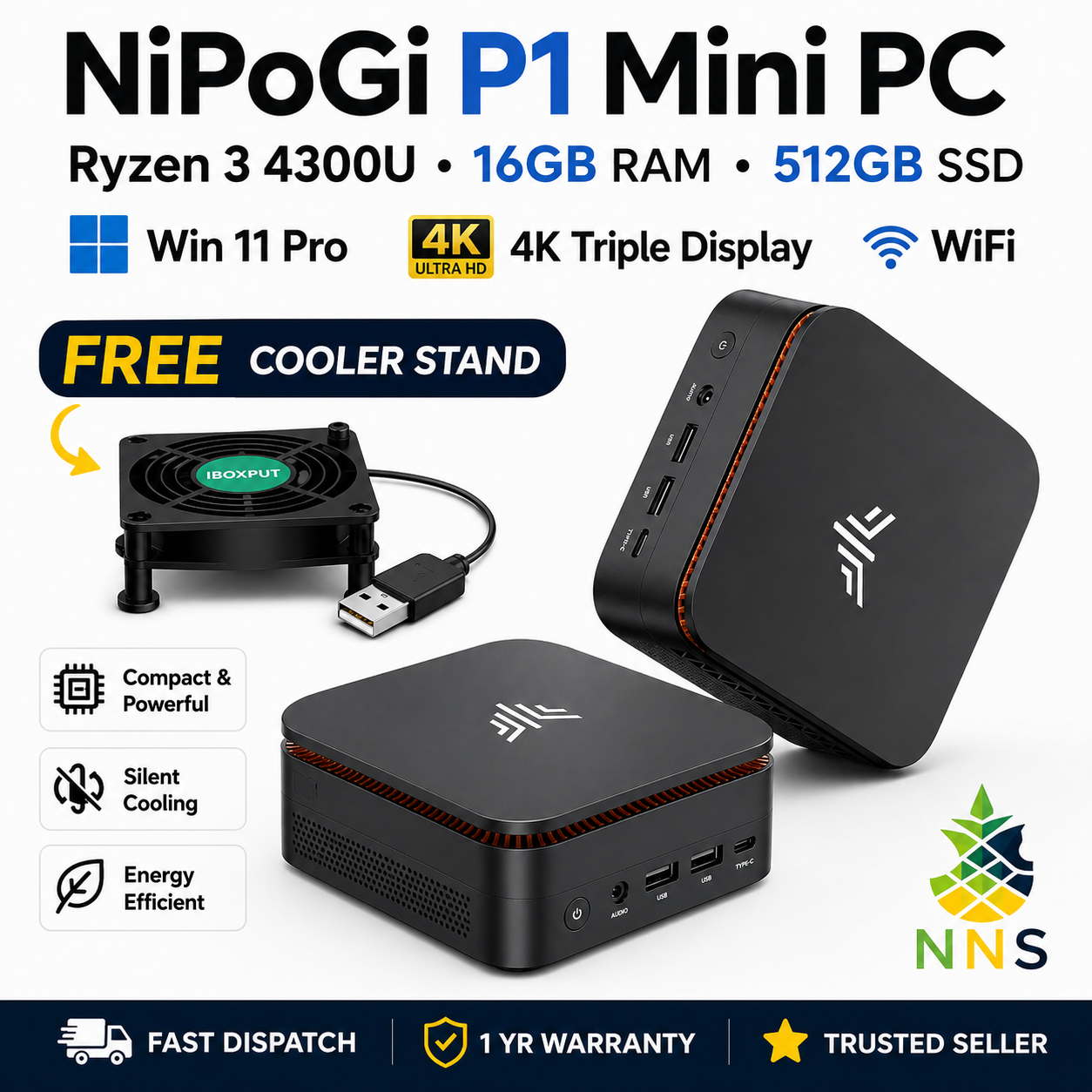 NiPoGi P1 Mini PC Ryzen 3 4300U 16GB 512GB SSD WiFi 4K Triple Display Win 11 Pro