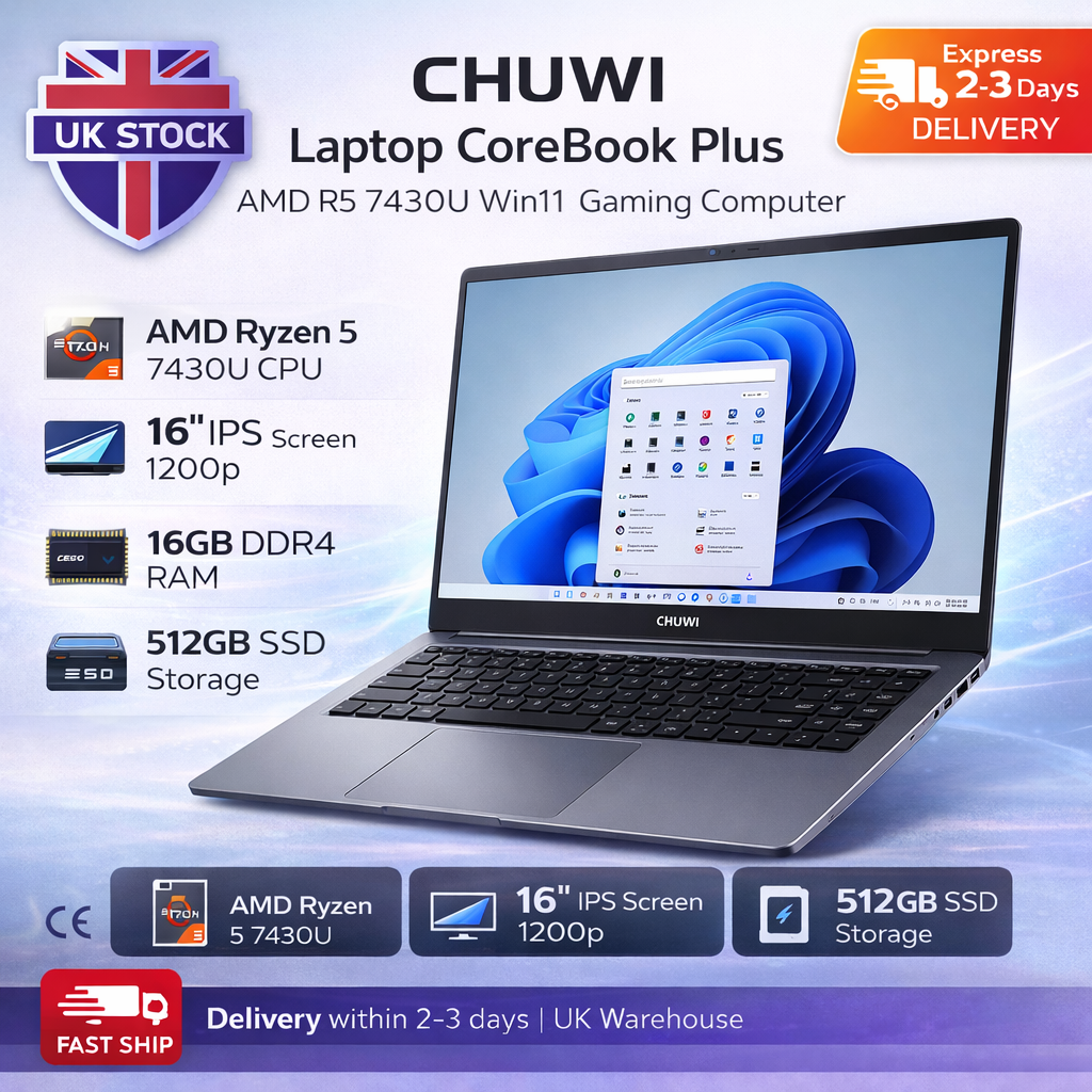 CHUWI CoreBook Plus 16” Laptop Ryzen 5 7530U 16GB RAM 512GB SSD Win11 FHD IPS UK