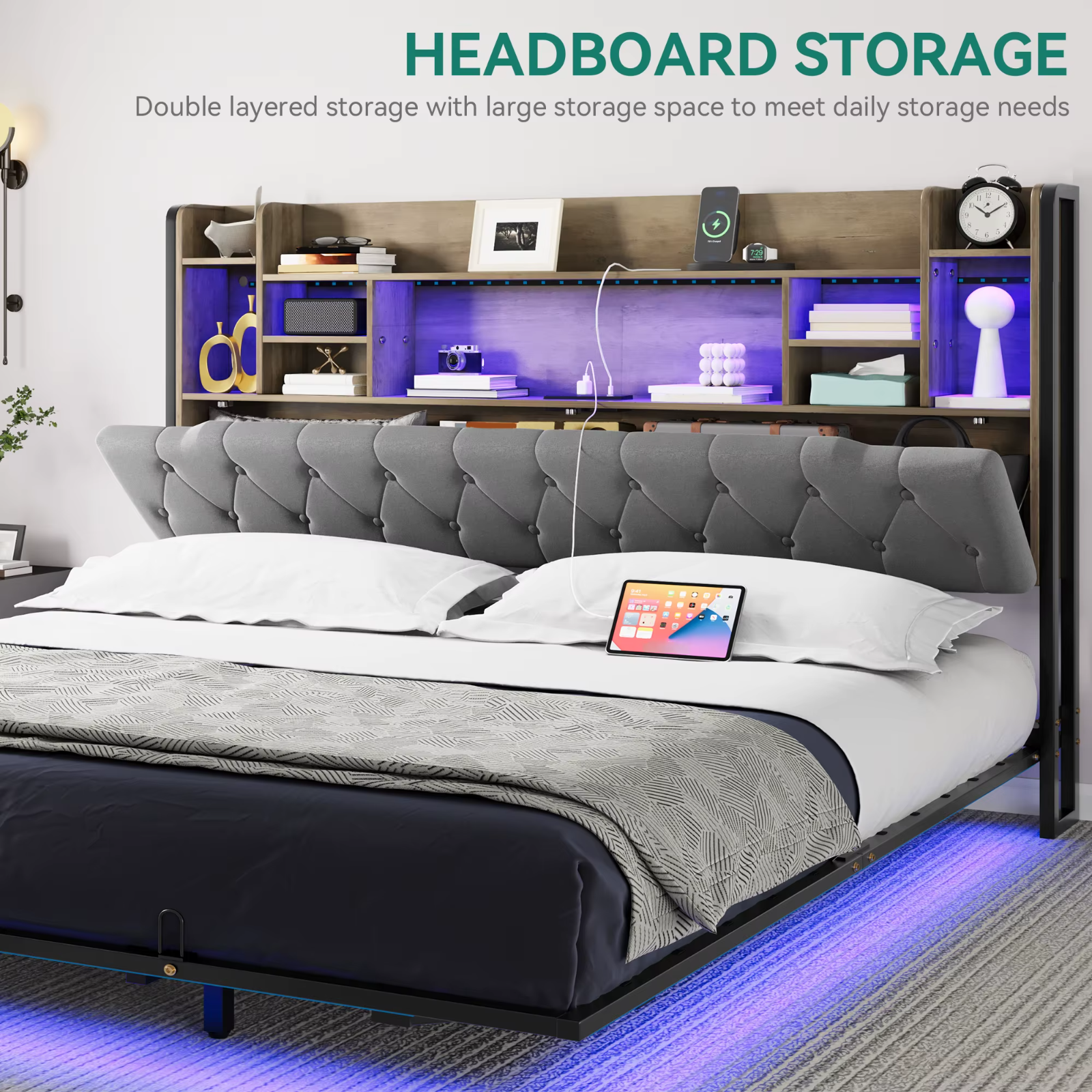 Balconera Super King Bed Frame LED USB Charging Storage Modern UK