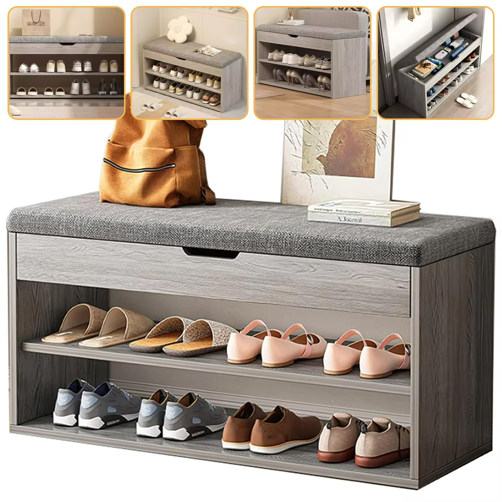 80cm Ottoman Shoe Rack Bench – 2 Tier Storage Cabinet with Wooden Padded Seat UK