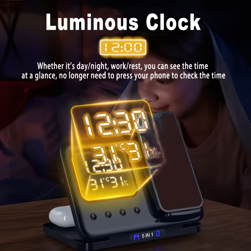 5-in-1 Wireless Charging Station 15W Fast Charger Watch AirPods Night Light UK