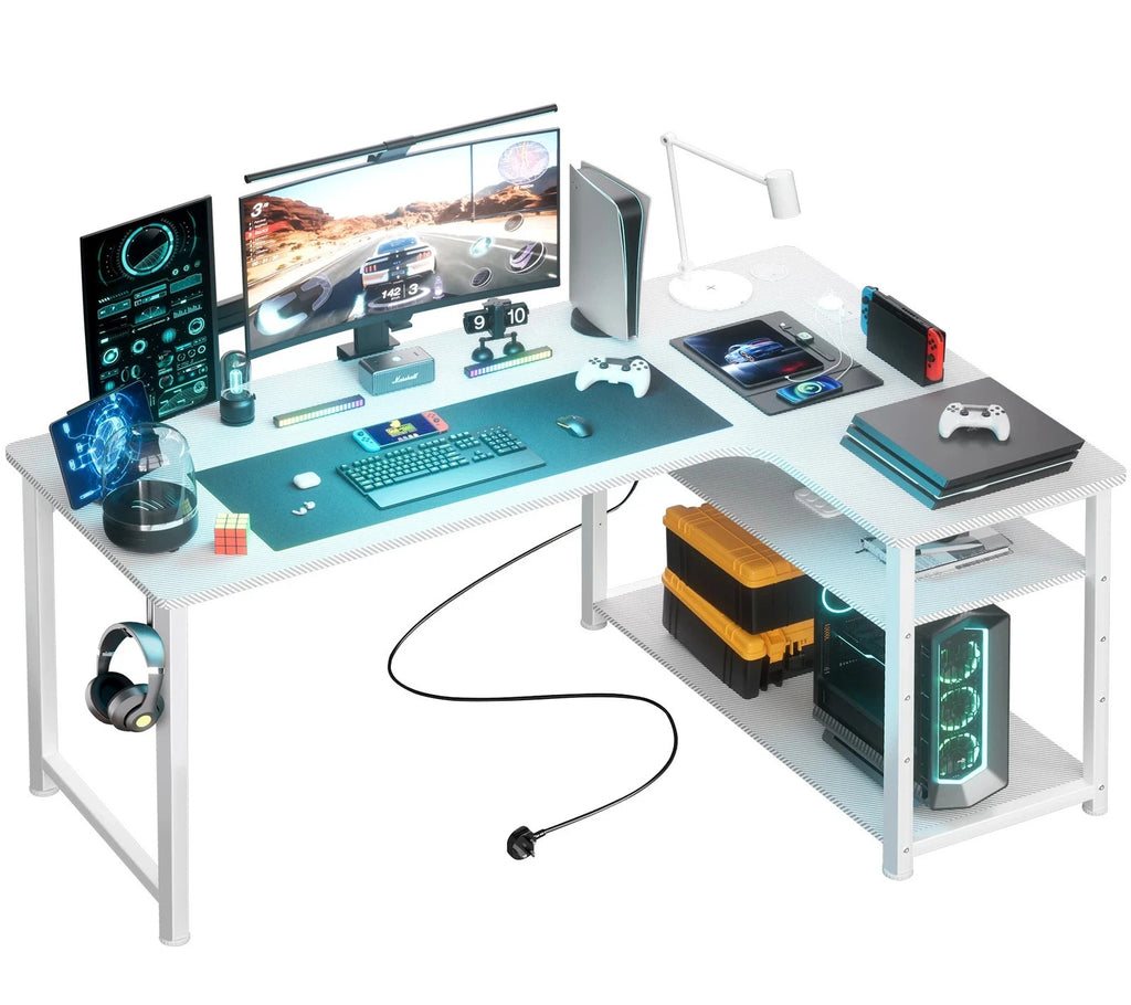 COMHOMA L Shaped Gaming Desk with Power Outlets USB Corner Computer PC Desk UK