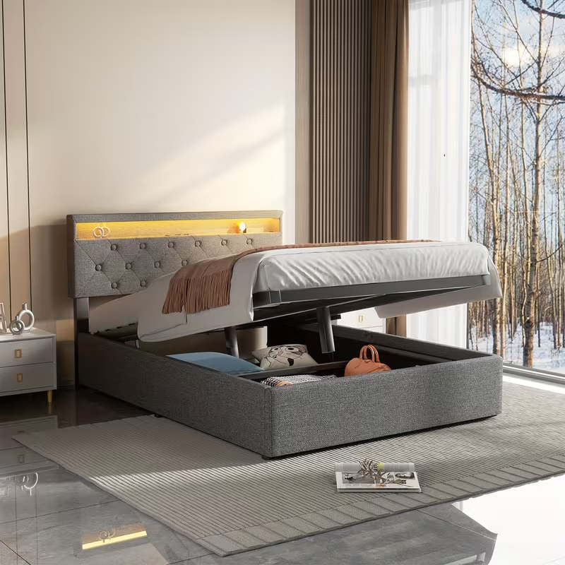 Double Bed Frame LED Headboard Storage Grey Modern UK