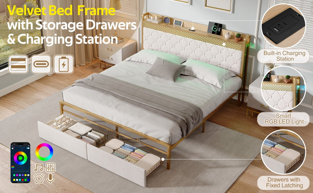 Double Bed Frame LED Headboard Storage Velvet Modern UK