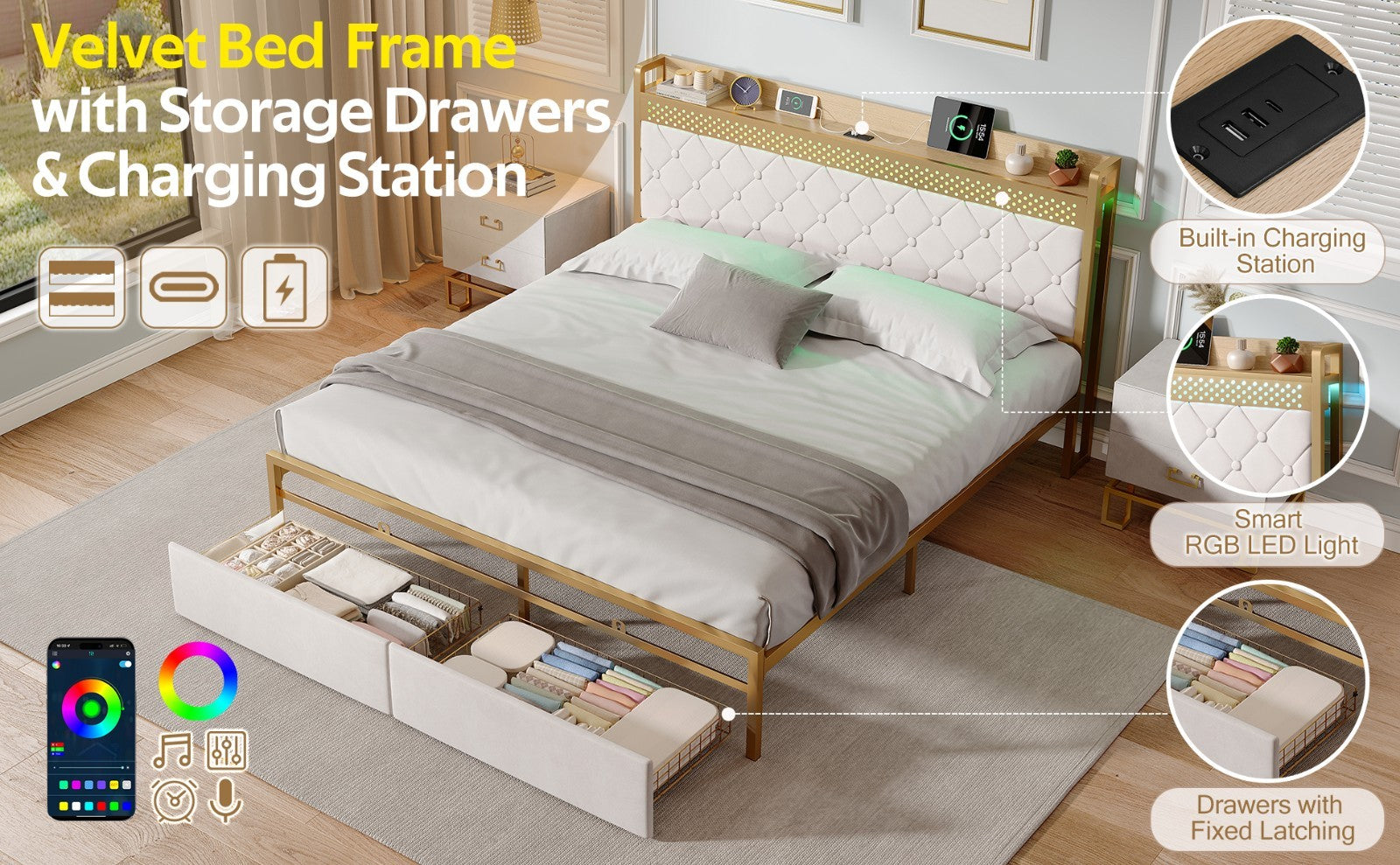 Double Bed Frame LED Headboard Storage Velvet Modern UK