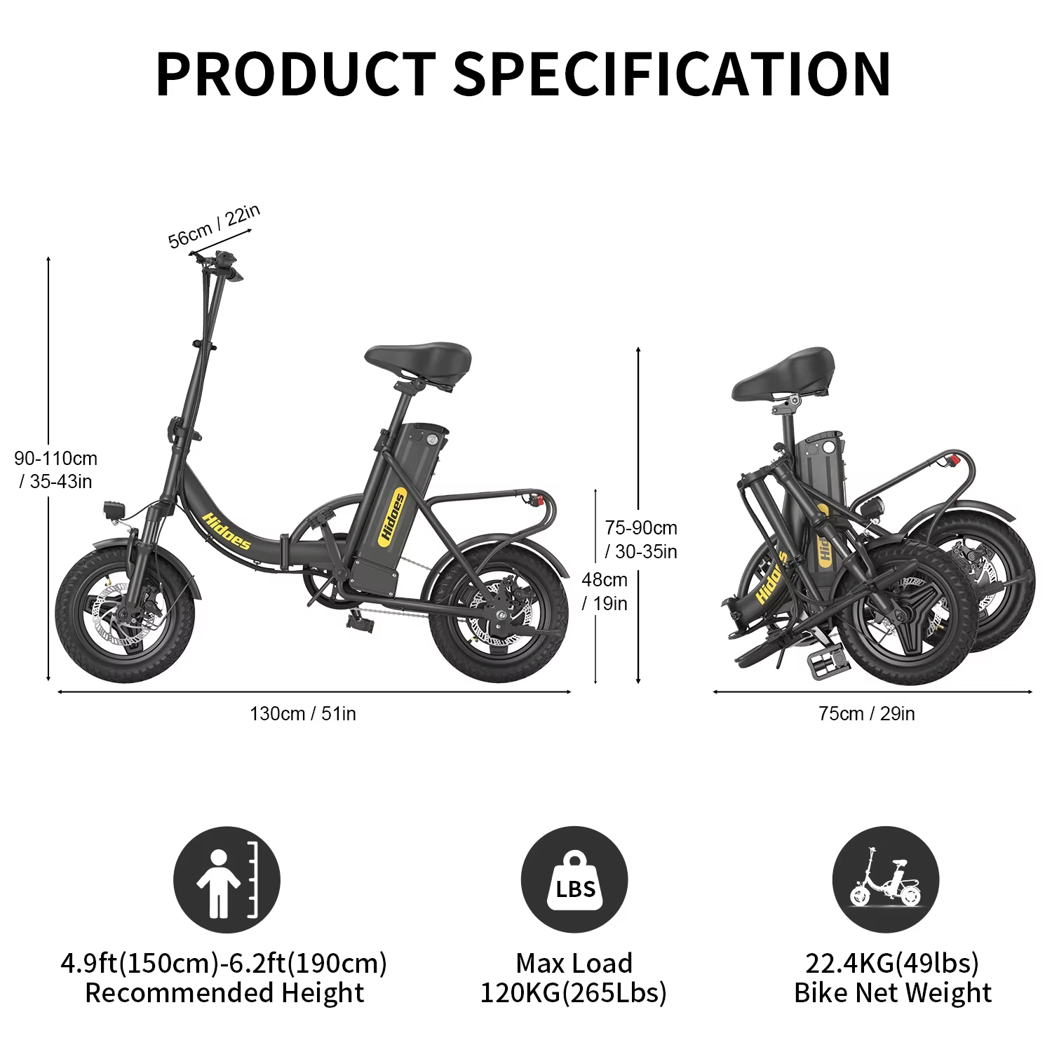 Hidoes C5 Folding Electric Bike 250W 36V 14" Mini E-Bike 25km/h Commuter 30KM UK