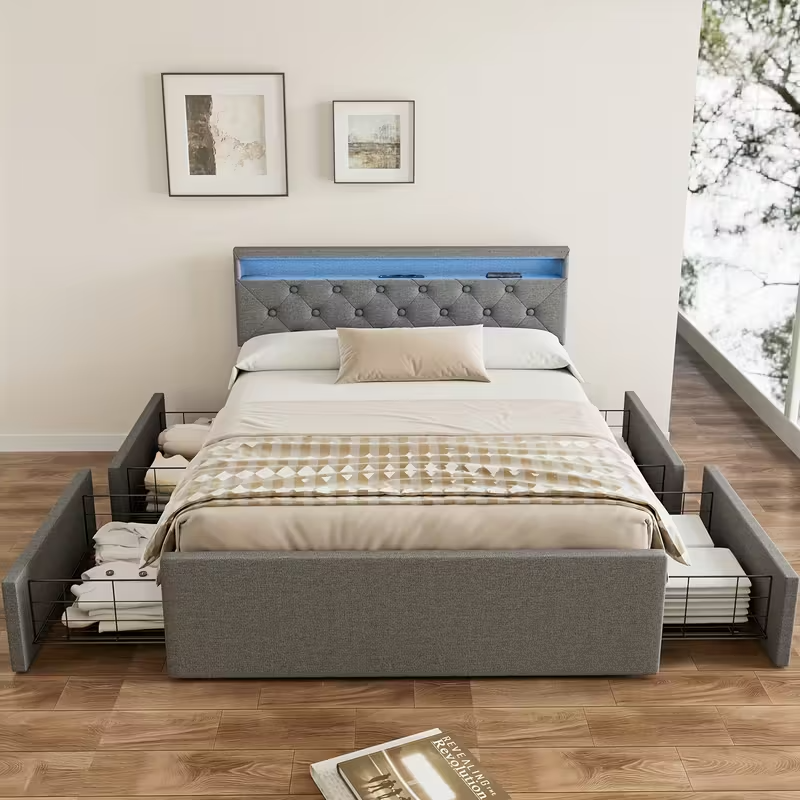 Double Bed Frame LED Headboard Storage Modern UK