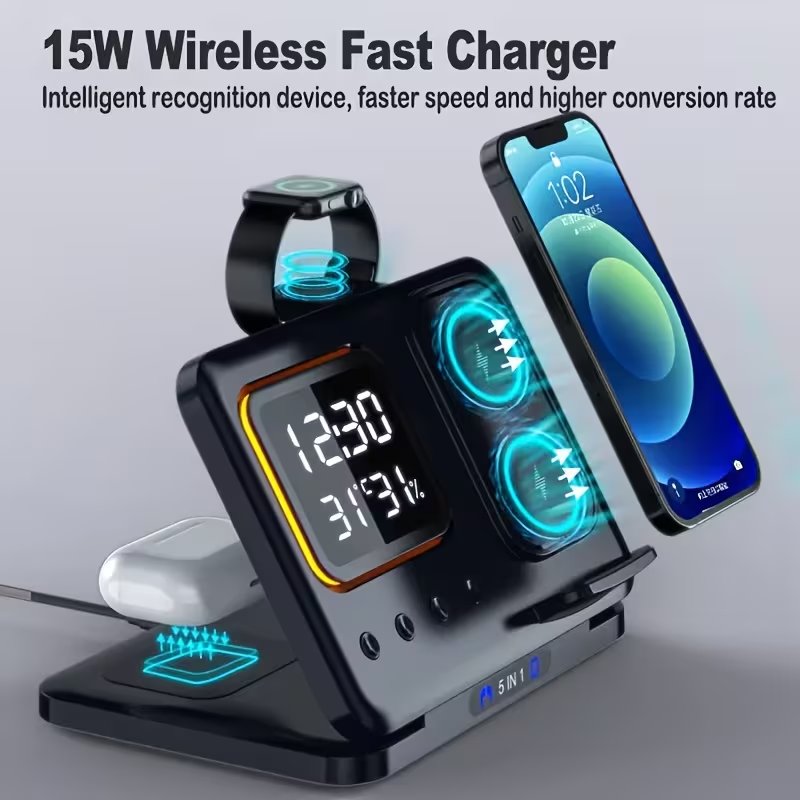 5-in-1 Wireless Charging Station 15W Fast Charger Watch AirPods Night Light UK