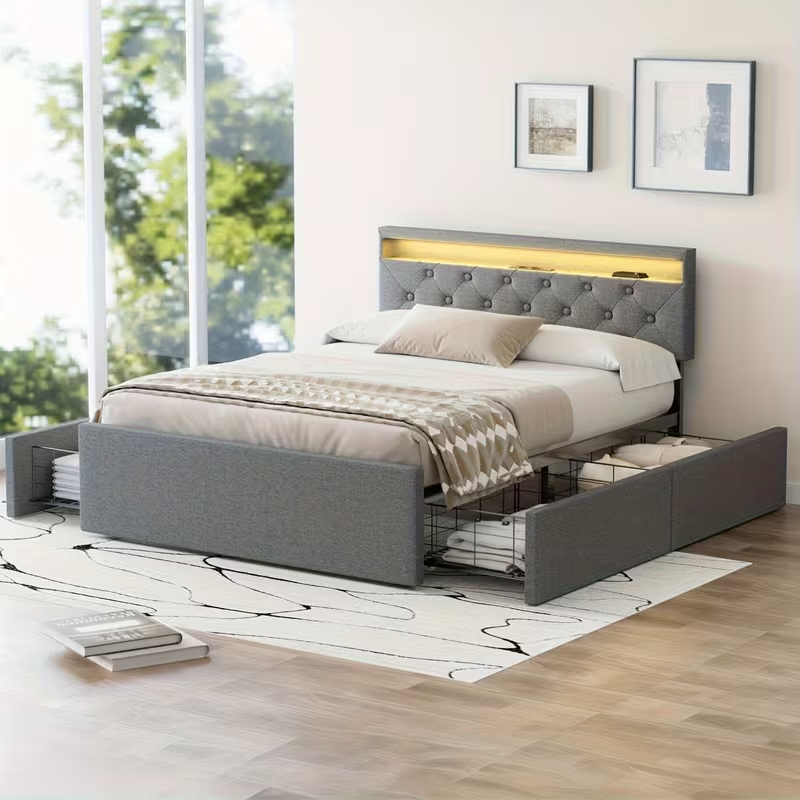 Double Bed Frame LED Headboard Storage Modern UK