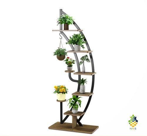 6-Tier Metal Plant Stand Half-Moon Ladder Flower Pot Rack with Hook Black UK