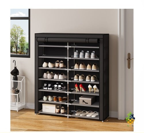 7-Tier Metal Shoe Rack Double-Row Cabinet Roll-Up Dustproof 118x30x135cm UK