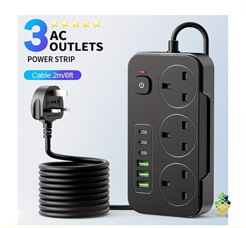 9-in-1 Power Socket Surge Protector 3 AC + 6 USB 13A 3250W 2m Extension UK