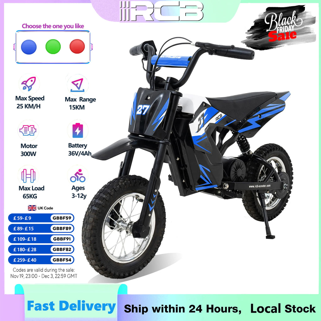 RCB R9X Kids Electric Motorbike 36V 15.5MPH 9.3Mile Range Ride On < 200W