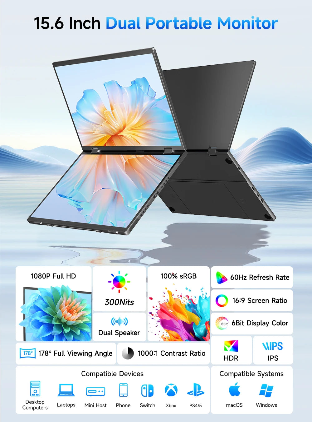 UPerfect UStation Dual Monitor 15.6 1080P FHD IPS Triple Laptop Screen Extender