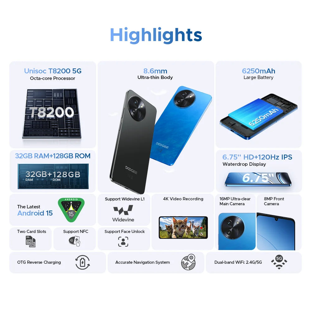 DOOGEE Note 59 5G Android 15 Smartphone 6.75inch 32GB 128GB Unisoc T820 6250mAh