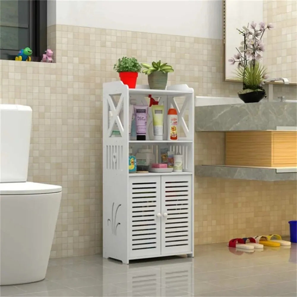 White Wooden Bathroom Storage Cabinet 90cm Wide Free Standing Unit NONE